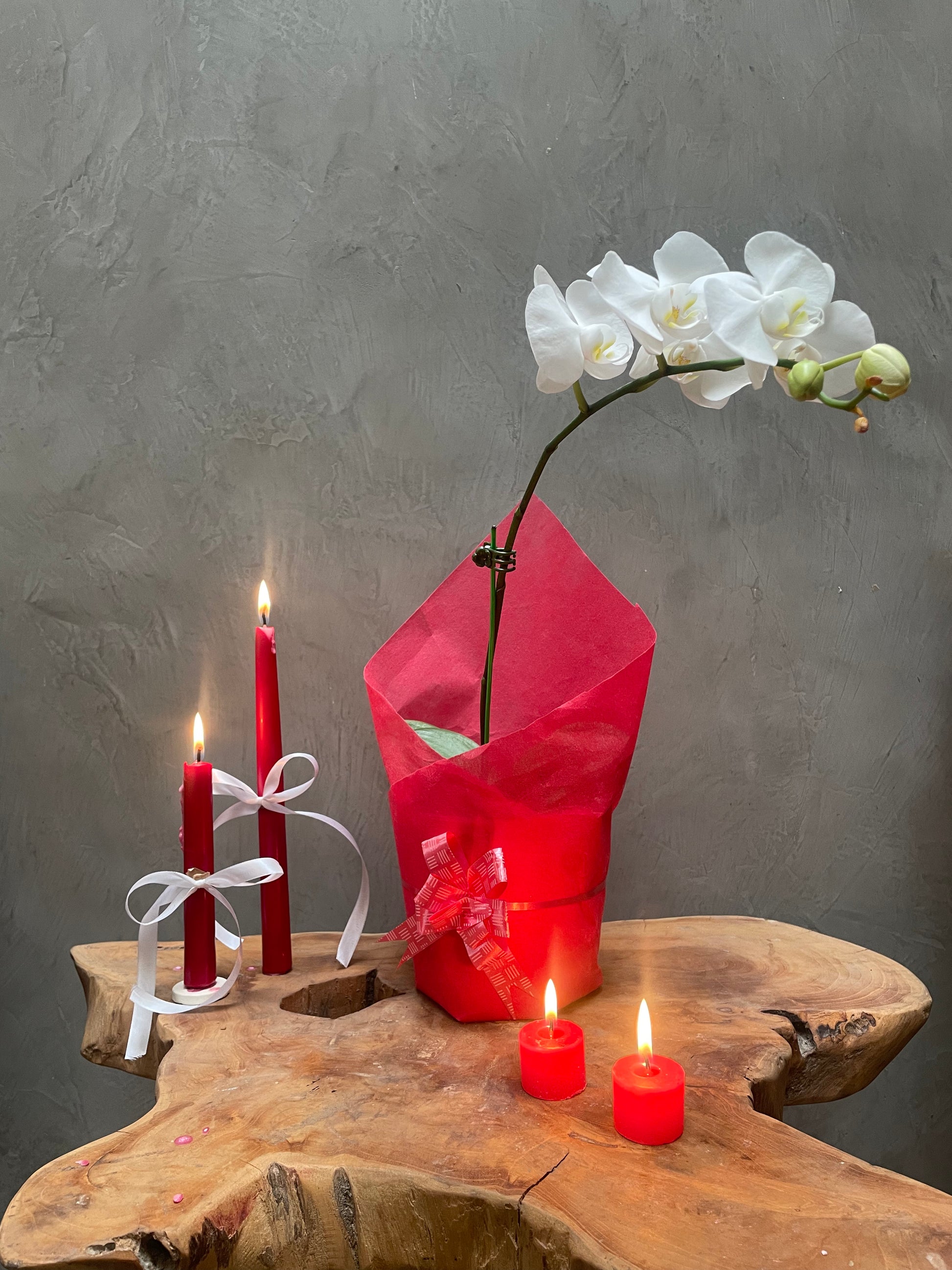 Decorative setup with red candles and a white orchid on a wooden surface against a gray background