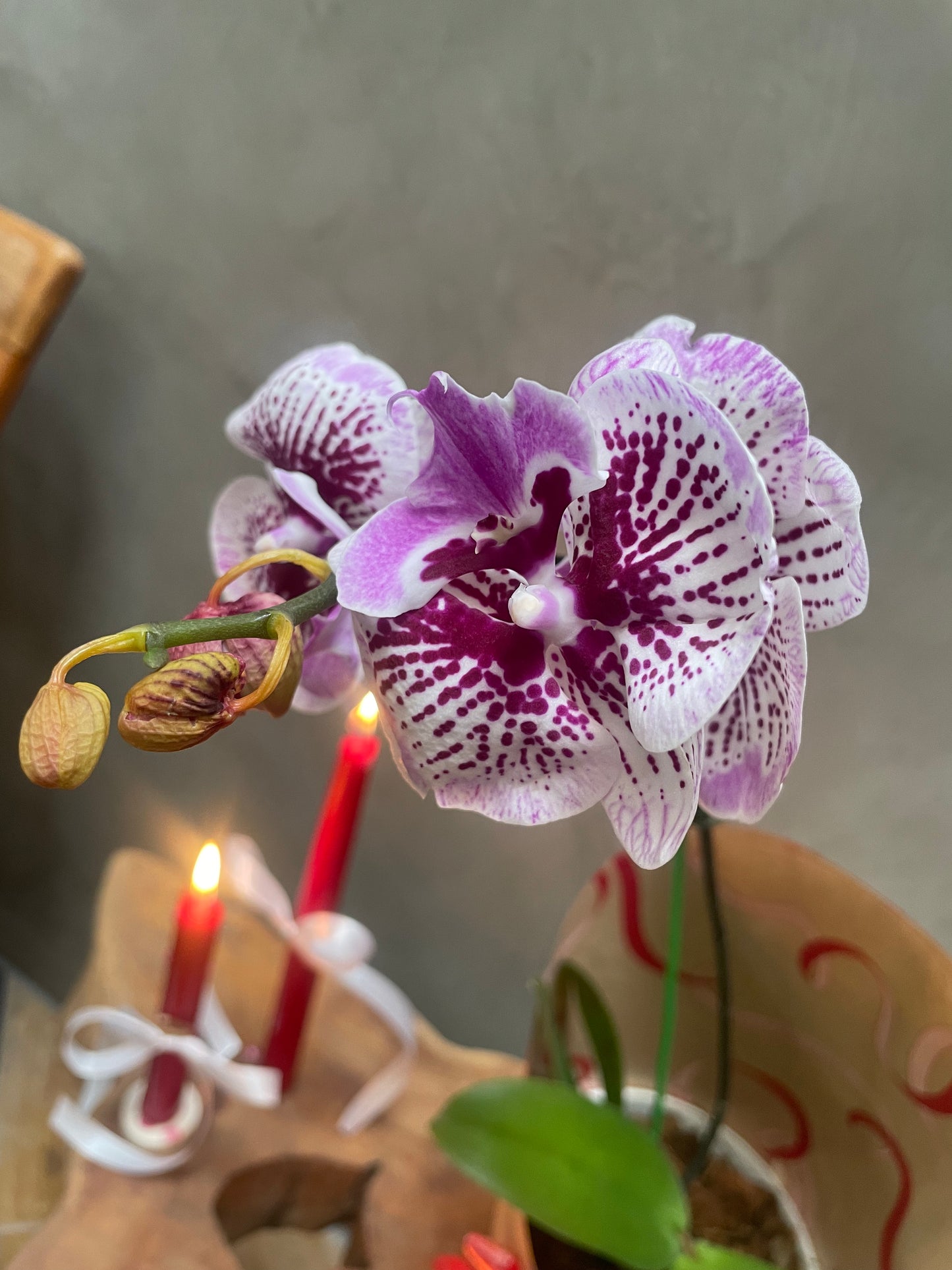 Purple orchid with red candles on a wooden surface