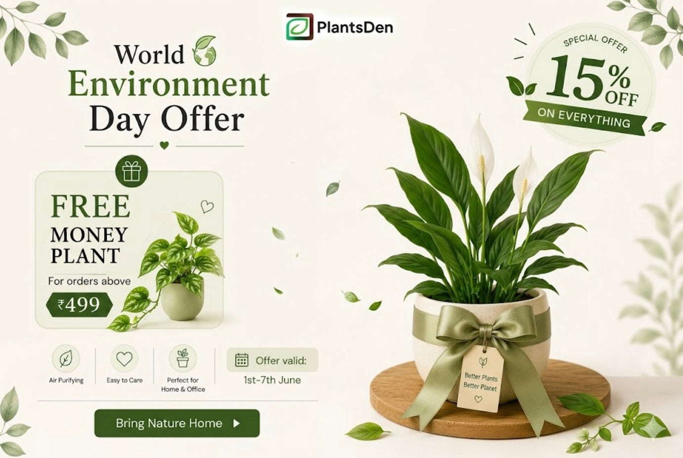 Promotional banner for PlantsDen with a potted plant, free money plant offer, and 15% off on everything discount.
