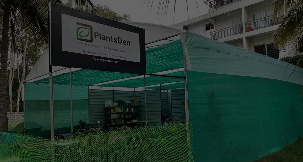 Green tent with 'PlantsDen' branding in an outdoor setting