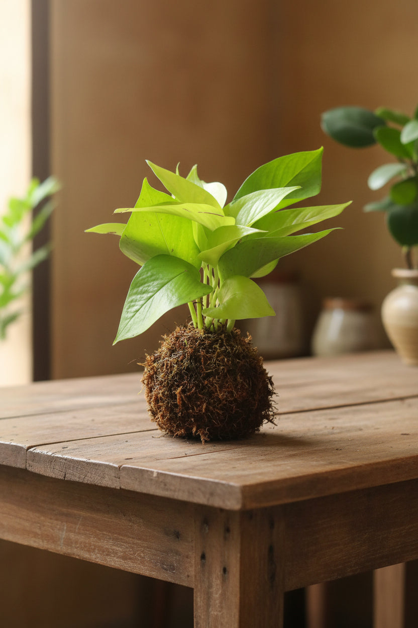 kokedama money plant with moss